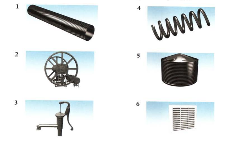 Six numbered machine-part images: 1 a length of pipe, 2 a large wheel mechanism, 3 a hand water pump, 4 a metal spring, 5 a water tank, 6 a ventilation grille.
